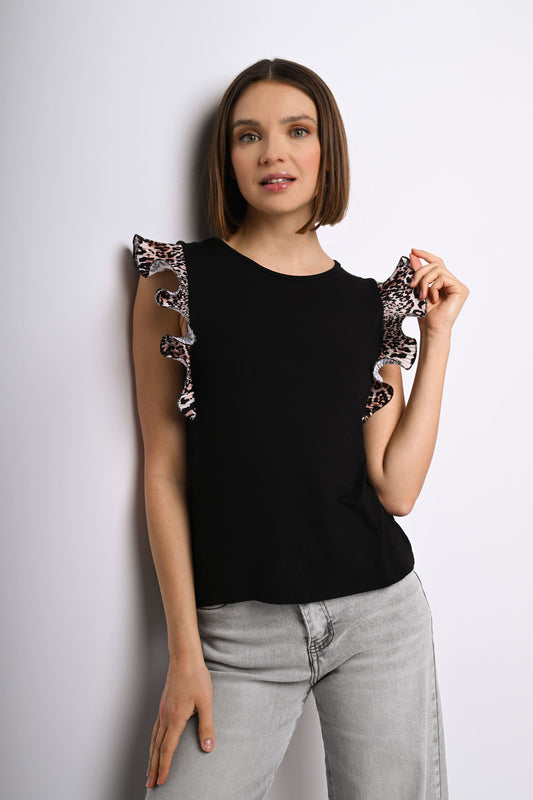 Top con rouches a stampa leopardata